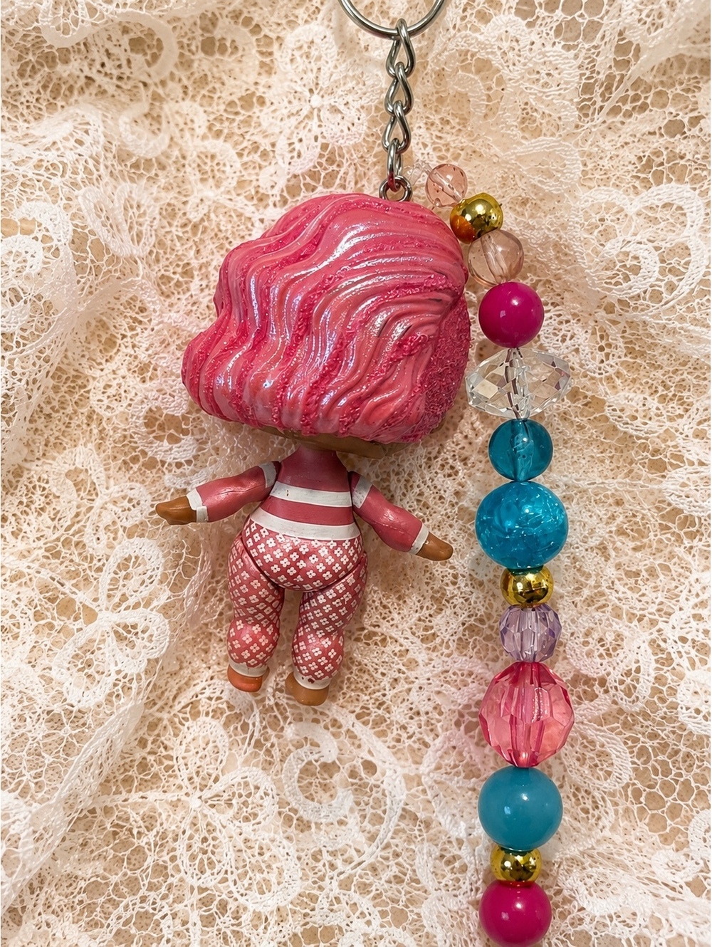 LOL Surprise Pink Hair Doll Keychain Beaded Charm Backpack Purse Accessory - Picture 2 of 3
